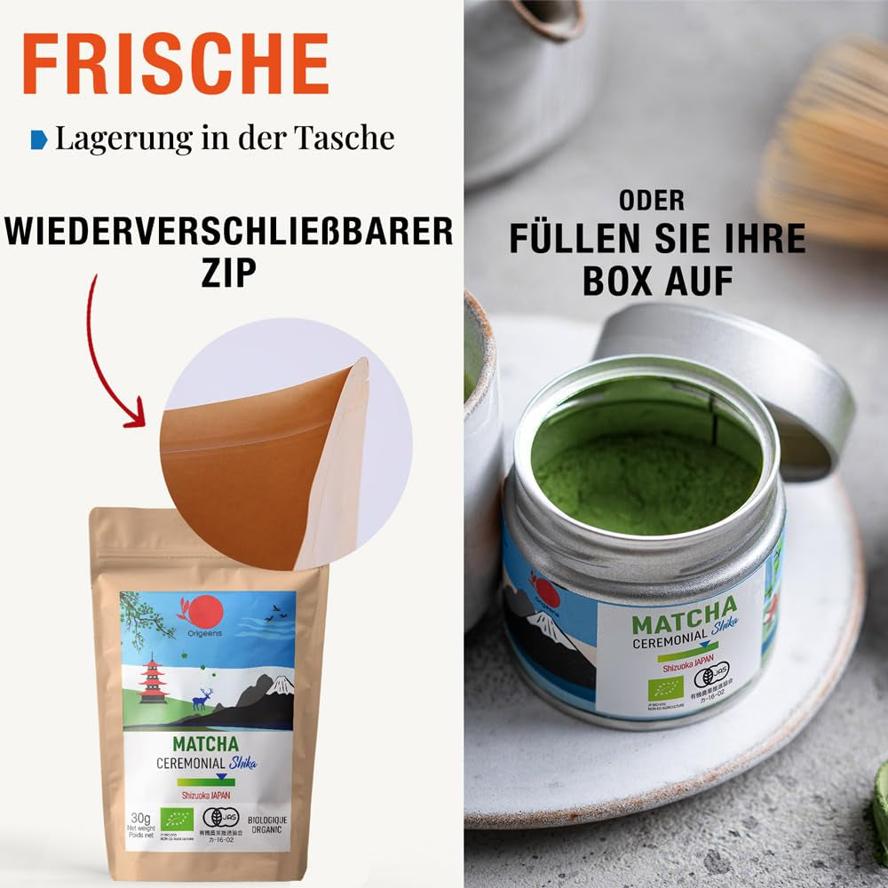 ORIGEENS BIO MATCHA CEREMONIAL GRADE "SHIKA" - Tè giapponese biologico di Shizuoka - Matcha Latte/Usucha - Borsa di ricarica da 30 g - Tè verde matcha biologico in polvere di grado cerimoniale