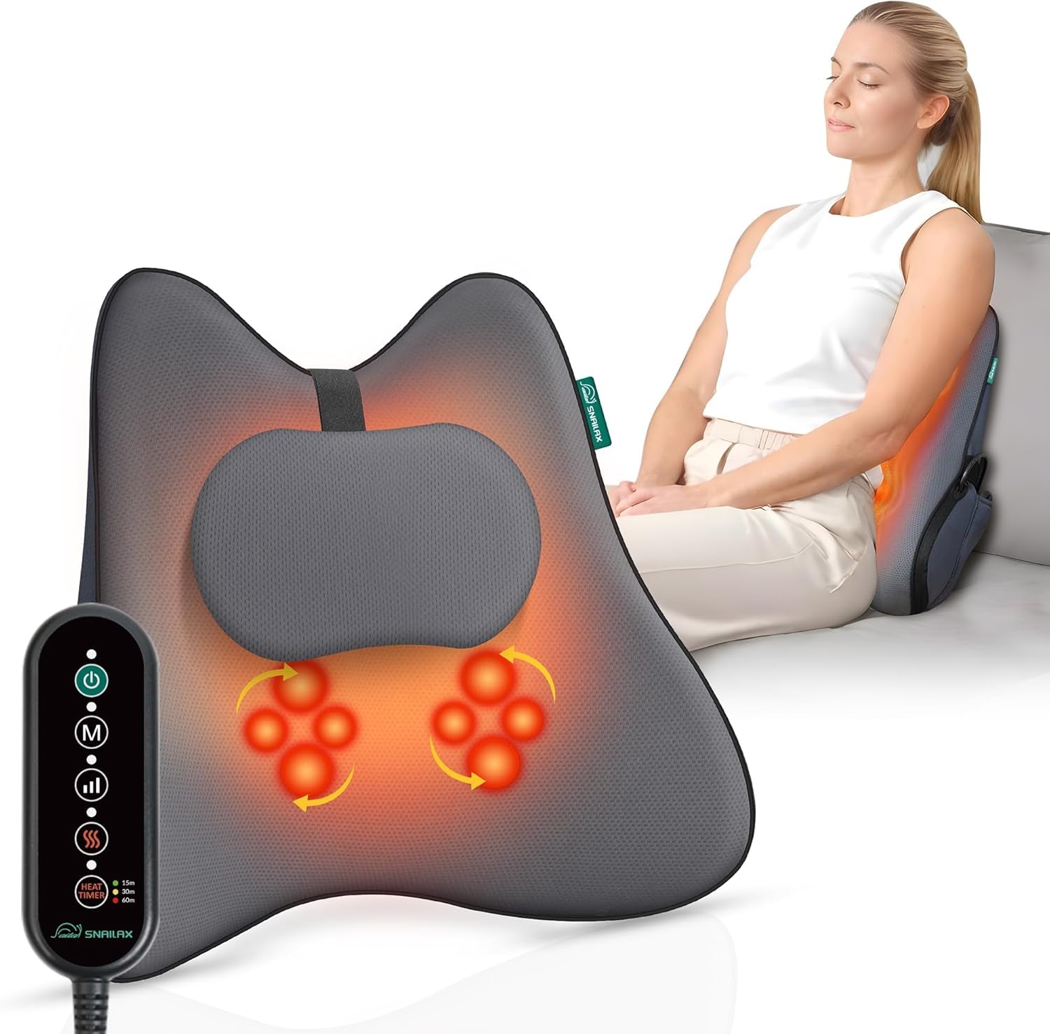 Cuscino ergonomico di supporto lombare Snailax con massaggio e calore, cuscino per la schiena shiatsu in memory foam, cuscino per il sedile con 3 intensità di massaggio | 2 livelli di calore | 3 timer | postura seduta comoda