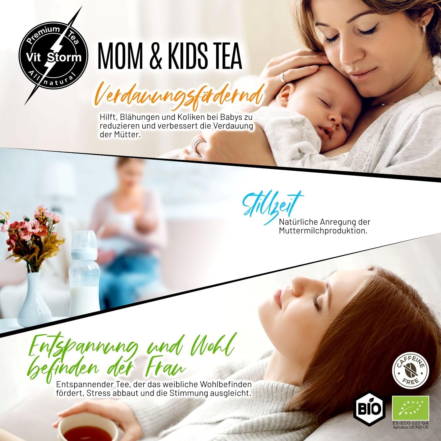 VITSTORM® BIO TEE Mom & Kids - Tisane per donne e allattamento - Rooibos, mela, finocchio, melissa, alchemilla, fragola - Tisane rilassanti - Fruttato e delizioso - Senza caffeina - Tisana 100 g