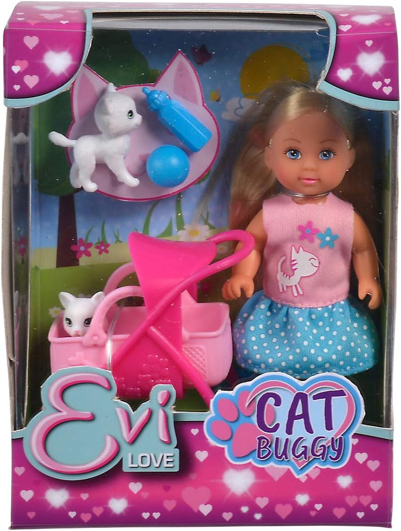 Simba 105733348 - Passeggino per gatti Evi Love, con due gatti nel passeggino, borsa staccabile, accessori, bambola da vestire, 12 cm, per bambini dai 3 anni in su
