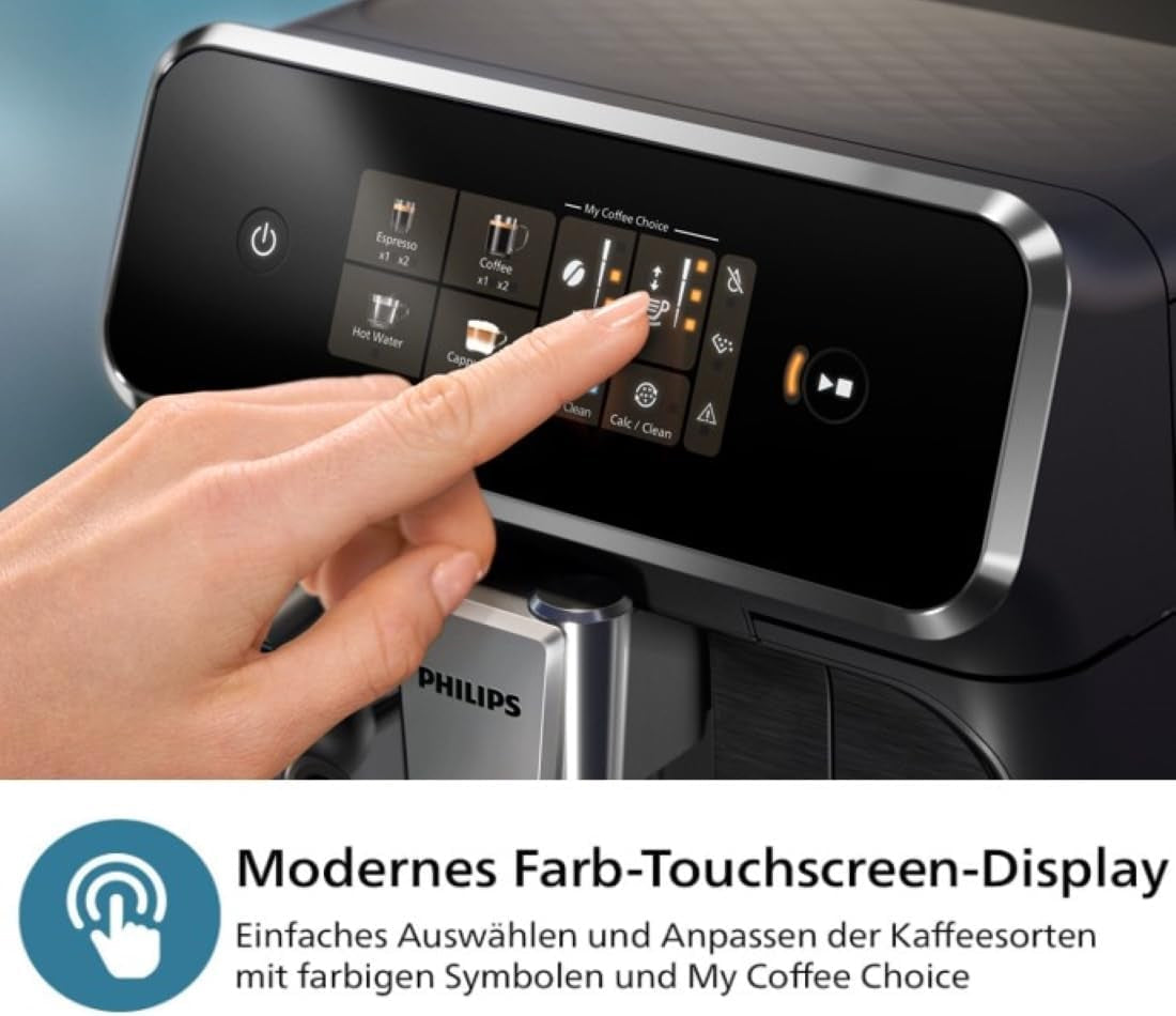 Macchina per caffè espresso automatica PHILIPS serie 2300 - 4 bevande, moderno touch screen a colori, sistema di preparazione del latte LatteGo, SilentBrew, macinacaffè 100% ceramica, filtro AquaClean. Nero opaco (EP2330/10)