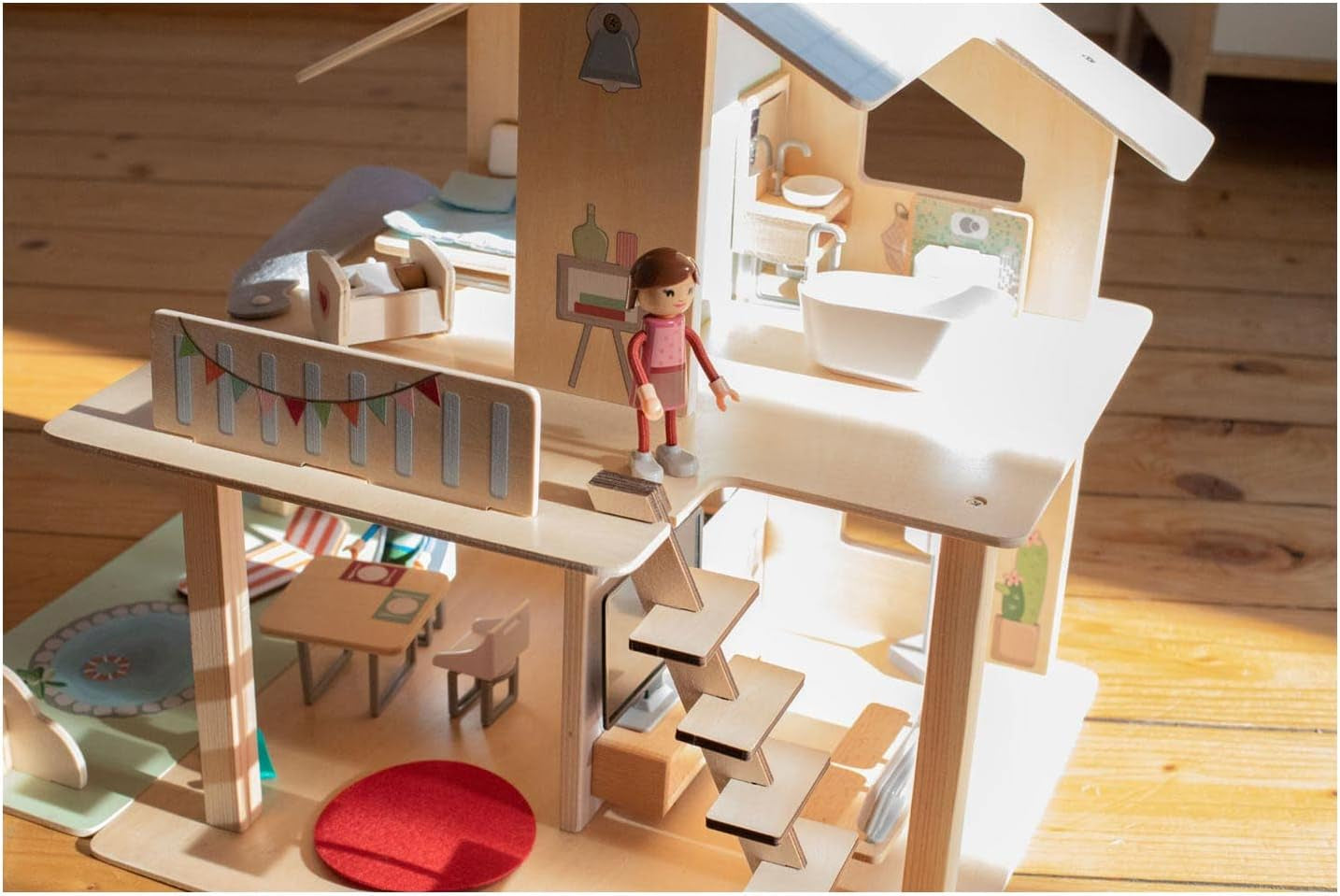 Eichhorn - Casa delle bambole con accessori - incl. mobili e 3 personaggi, non assemblati, in legno, 25 pezzi, 53x36x44 cm, da tre anni