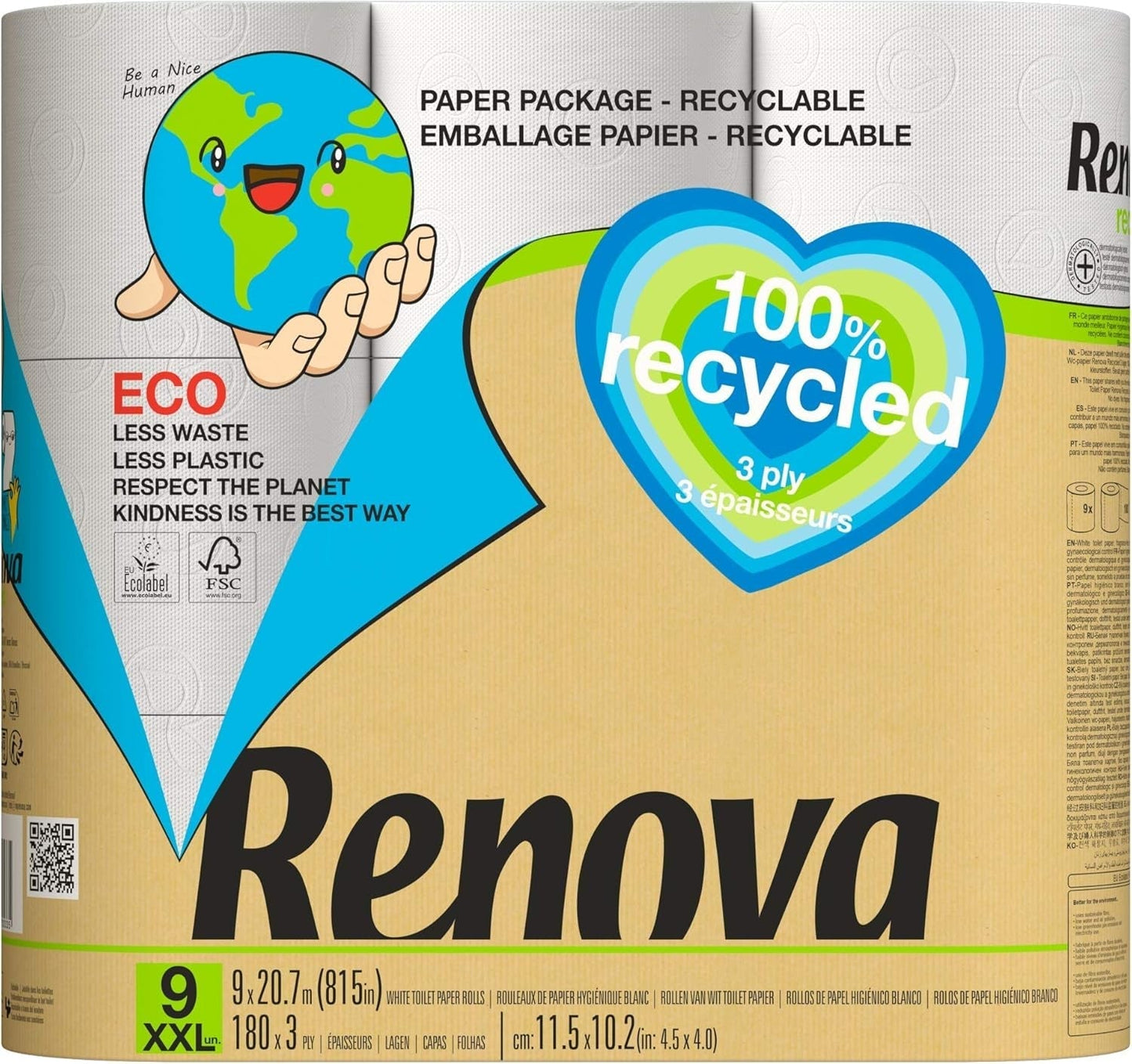 Carta igienica Renova 100% RICICLATA 9 rotoli, bianca, normale