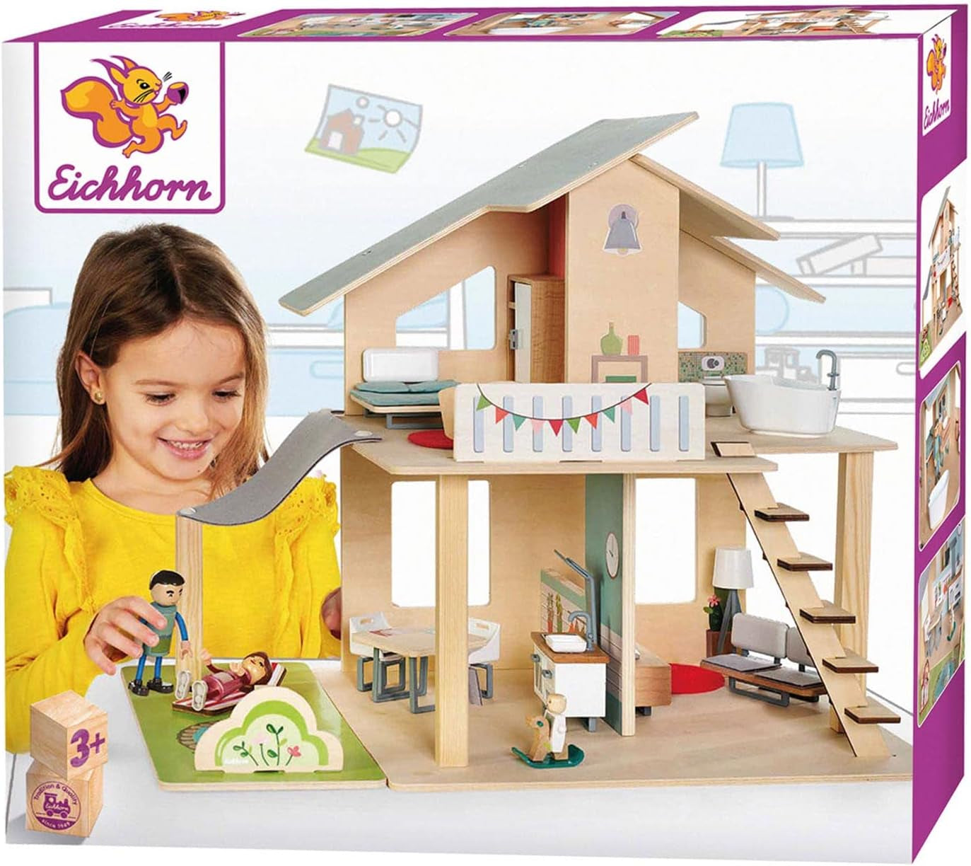 Eichhorn - Casa delle bambole con accessori - incl. mobili e 3 personaggi, non assemblati, in legno, 25 pezzi, 53x36x44 cm, da tre anni