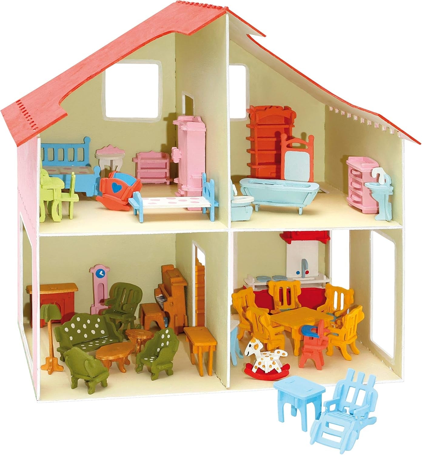 Pebaro Donau Elektronik _M880 Puzzle 3D Casa delle Bambole con Mobili, 30 x 30 x 30 cm, Naturale