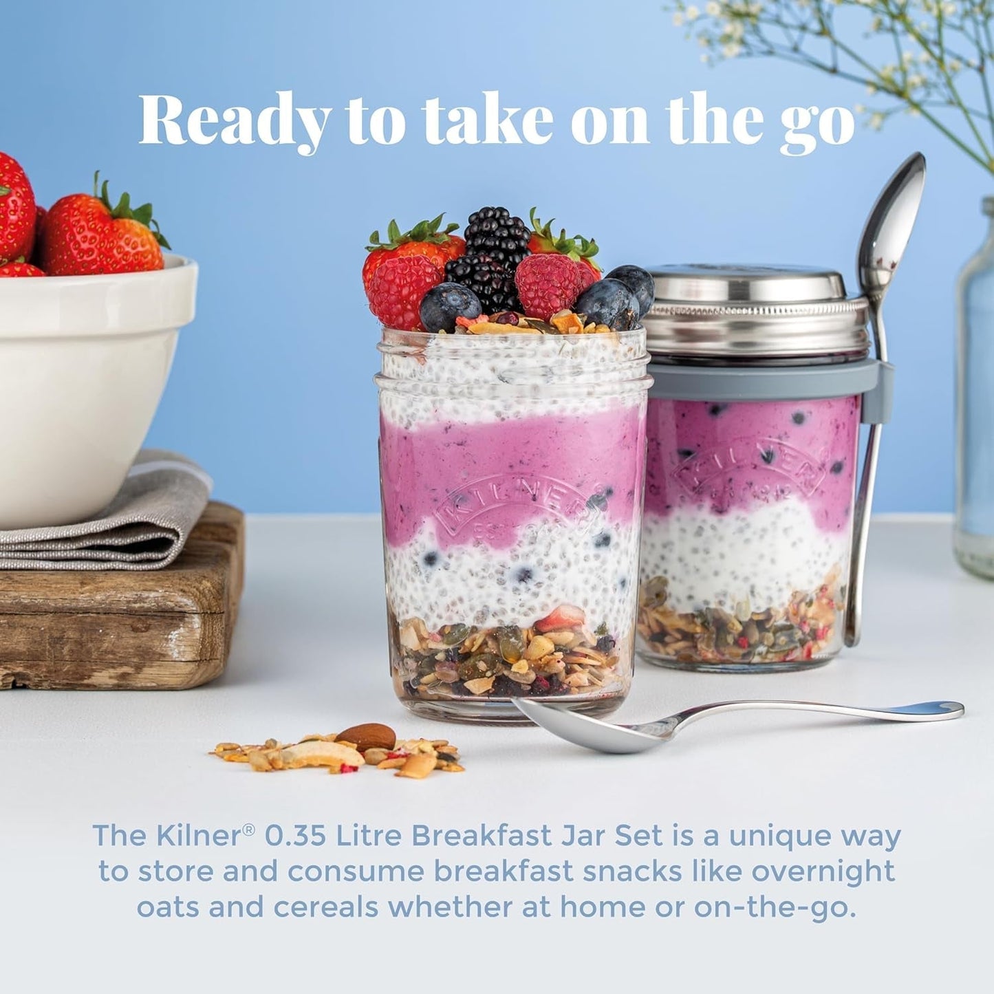 Barattolo per colazione Kilner con cucchiaio / 350 ml, Ø 9,5 cm / 5 pezzi | tazza di muesli da asporto / non tossico / contenitore in vetro con coperchio per muesli, porridge e yogurt / contenitore per avena durante la notte Naty Shop Food Storage Boxes