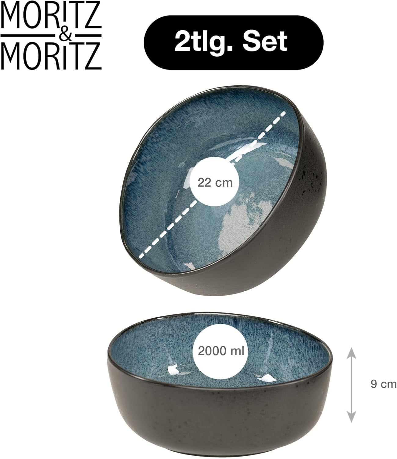 Moritz & Moritz ORGANIC Set di ciotole da portata, Blu - 2 grandi ciotole in gres di alta qualità, moderne e senza tempo, adatte al microonde e alla lavastoviglie - perfette per insalate, pasta, snack e altro ancora