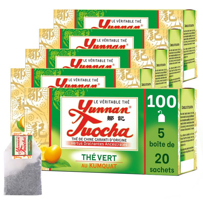 Yunnan Tuocha Zouji - Tè verde biologico con kumquat - Vitamina C - 100 bustine di tè - 200 g - Qualità Yunnan garantita