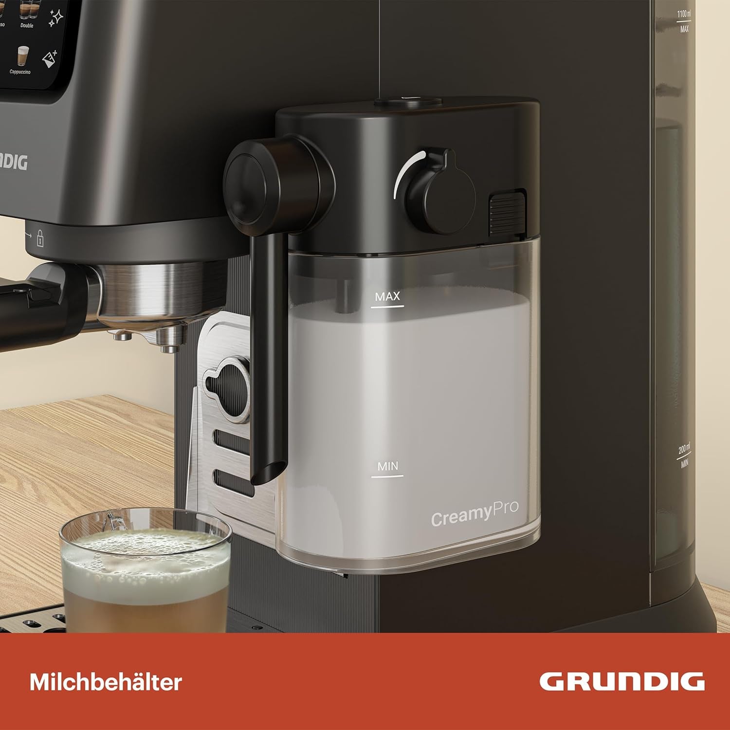 Macchina per caffè espresso portafiltro GRUNDIG KSM 5330 con contenitore del latte integrato, potenza 1628 W, pressione della pompa 15 bar, doppio ugello, display touch a colori, BrewSense, CreamyPro, Acciaio inossidabile scuro/Nero