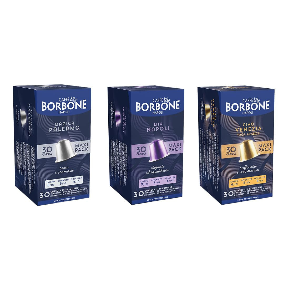 Kit Verkostung Caffè Borbone, 90 Capsule in Alluminio: 30 Mia Napoli, 30 Ciao Venezia, 30 Magica Palermo, (3 x 30 Stück) – Compatibili con Kaffeemaschinen für den Hausgebrauch della marca Nespresso®*