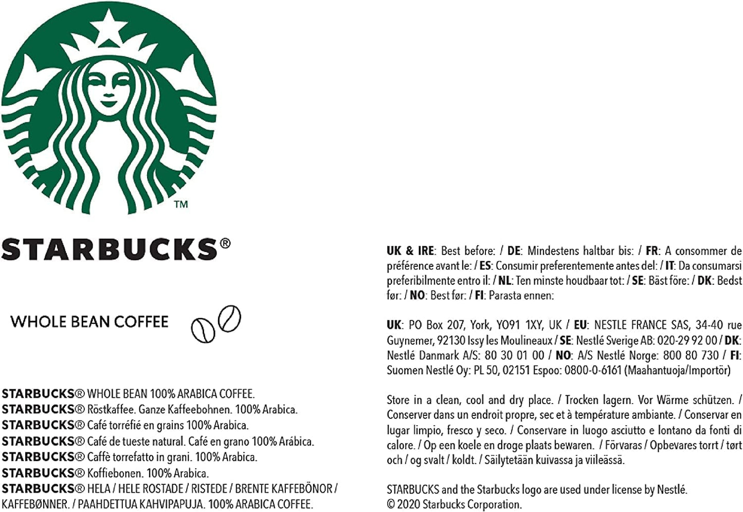 STARBUCKS Espresso Roast, Black Roast, Caffè in grani interi 200 g (Confezione da 6)