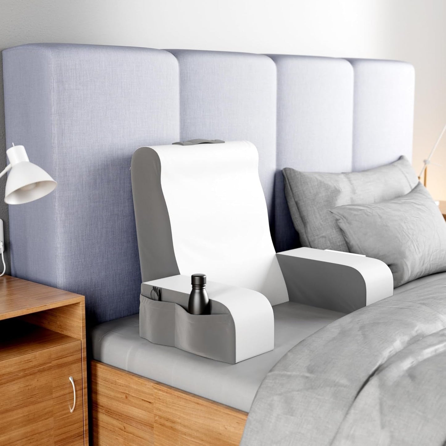 Cuscino per lettura a cuneo, Cuscino per schienale letto, Cuscino per braccioli per TV, Libri, Giochi, Camera da letto, Supporto per la schiena (Grigio/Bianco, Standard)