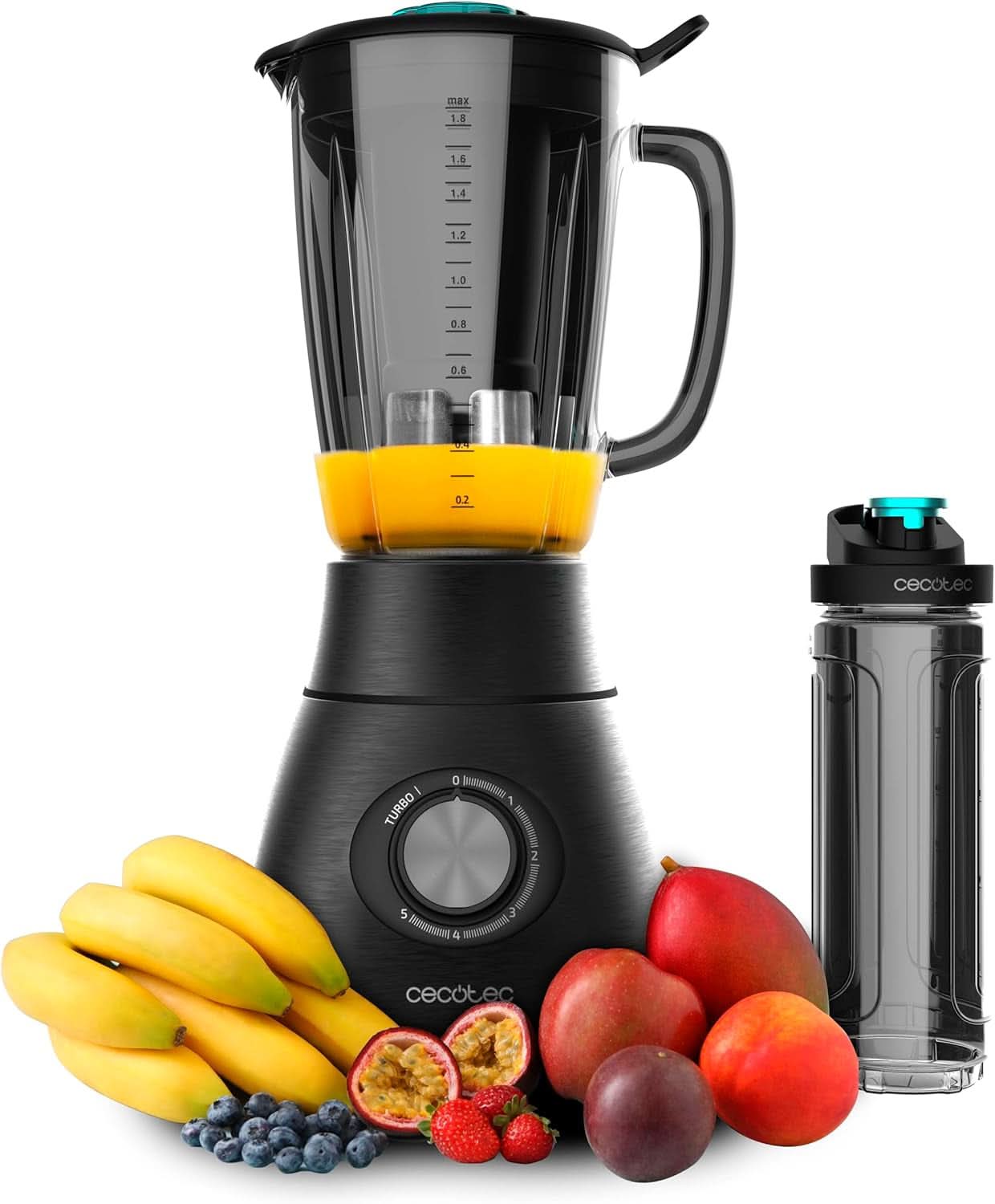Cecotec Robot da cucina Power Black Titanium 2200MAX Smooth, 2200 W Maximale Leistung, 6 Klingen Aus Edelstahl, Funzione Ice Crush, Funzione Turbo e Smoothie, Funzione Autoclean Kitchen Naty Shop Schwarz 2500 W | 1,8 L + aspirazione della bottiglia