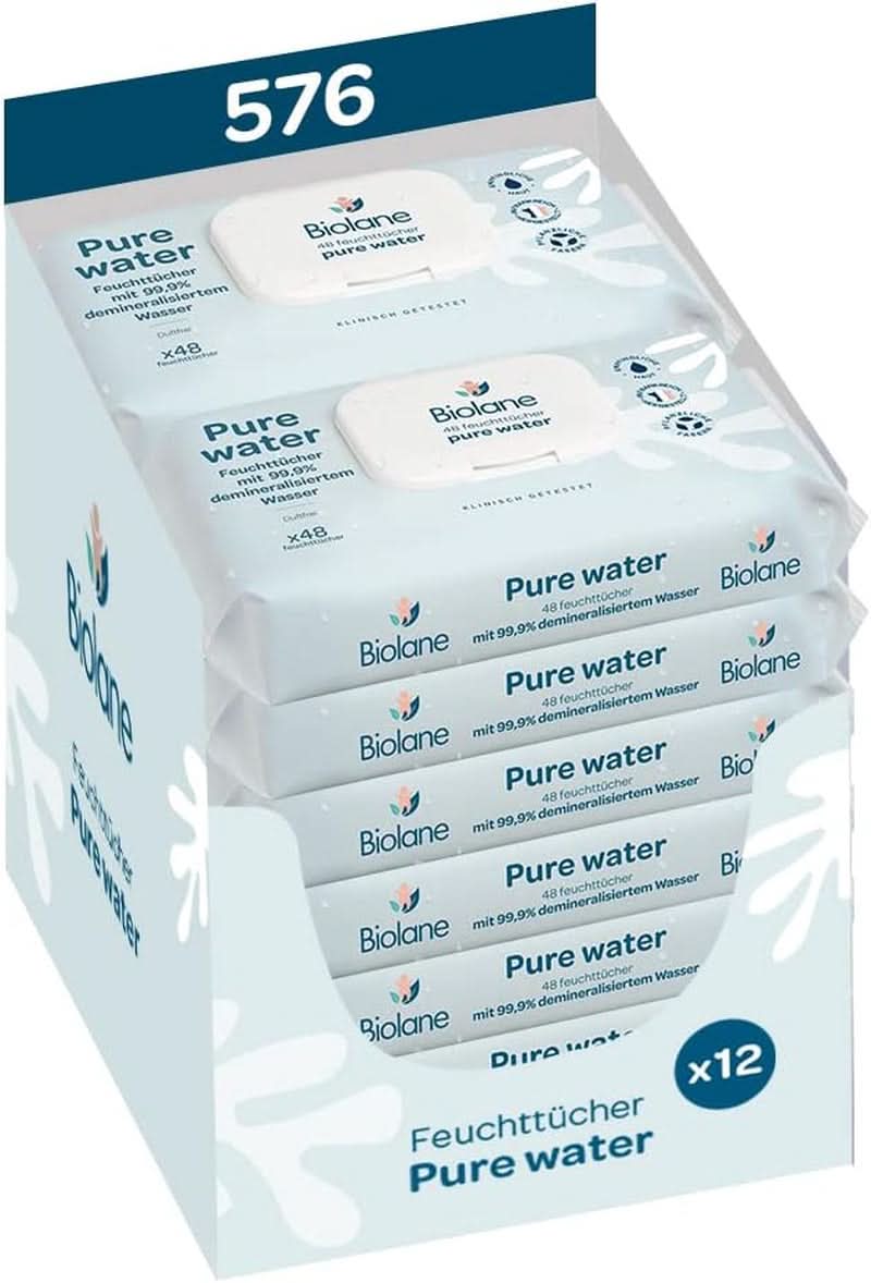 BIOLANE - Baby-Feuchttücher Mit 99.9% Wasser - Pure Water - Packung Mit 12 X 48 (576 Feuchttücher) - Für Empfindliche Haut - Ab Der Geburt - Duftfrei - Wechseln Und Reinigungspflege Naty Shop