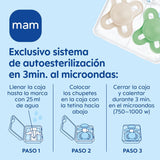 Ciuccio MAM da 6 mesi con tettarella simmetrica, piatto e flessibile, morbido silicone, facile da usare, con scatola autosterilizzante, Originale, Azzurro, 2 pezzi