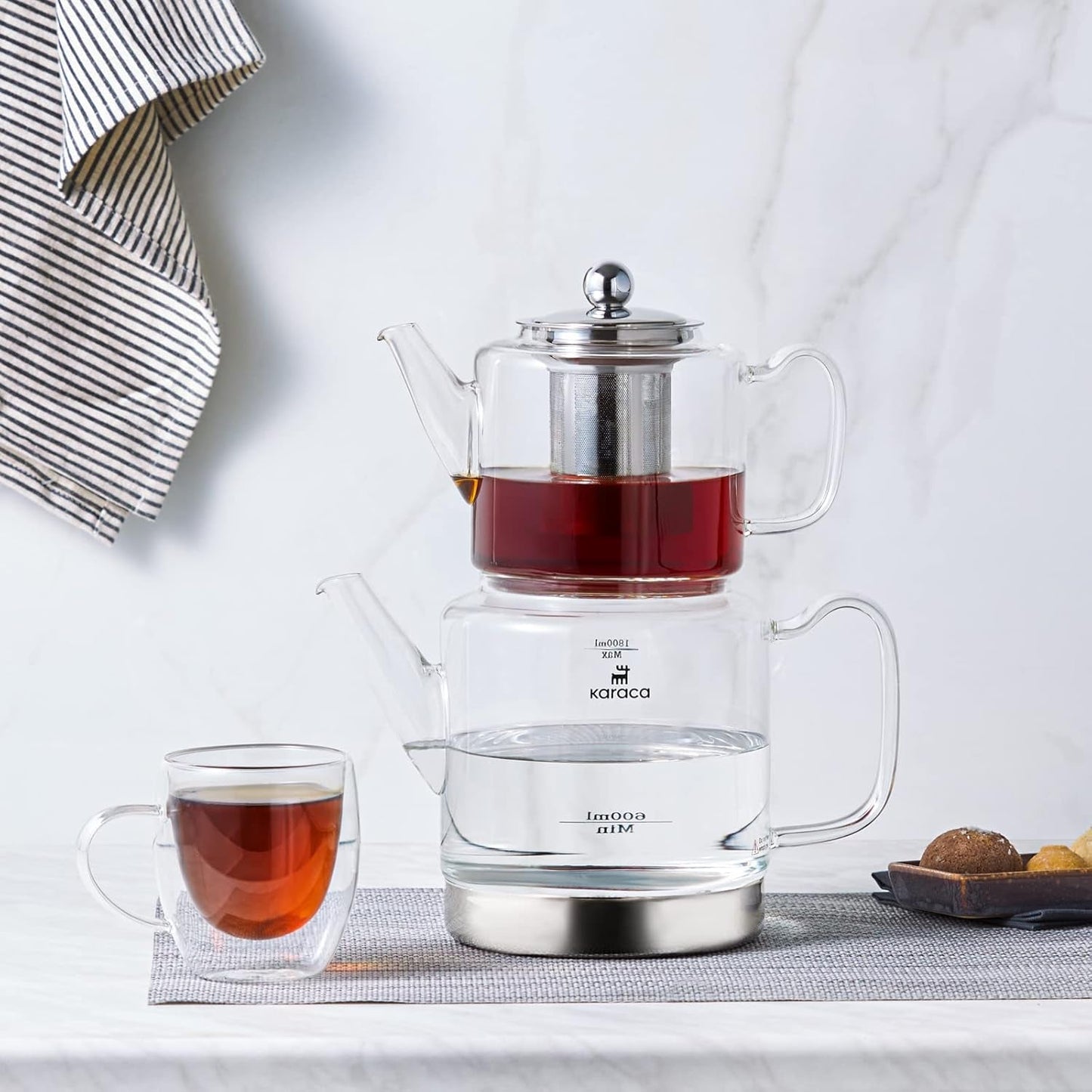 Karaca Dora Set bollitore in vetro borosilicato con infusore per tè in acciaio inossidabile, bollitore da 2 litri e bollitore in vetro da 1 litro con infusore, bollitore turco, Caydanlik, macchina per tisane turche, tè sfuso, XL