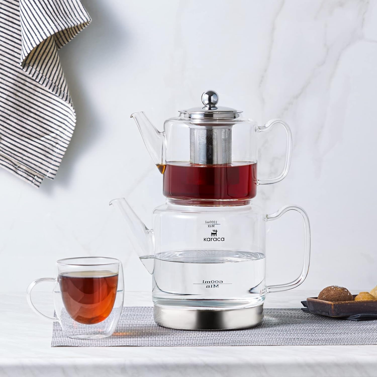 Karaca Dora Set bollitore in vetro borosilicato con infusore per tè in acciaio inossidabile, bollitore da 2 litri e bollitore in vetro da 1 litro con infusore, bollitore turco, Caydanlik, macchina per tisane turche, tè sfuso, XL