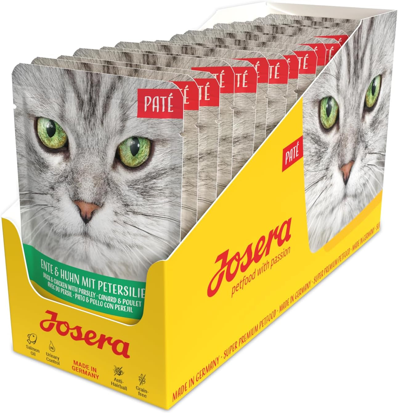 JOSERA Patè di anatra e pollo con prezzemolo (16 x 85 g) | Adulto | Cibo umido premium per gatti adulti | Patè di anatra e pollo | Olio di salmone | Niente cereali | Cibo umido per gatti in bustine fresche | Confezione da 16