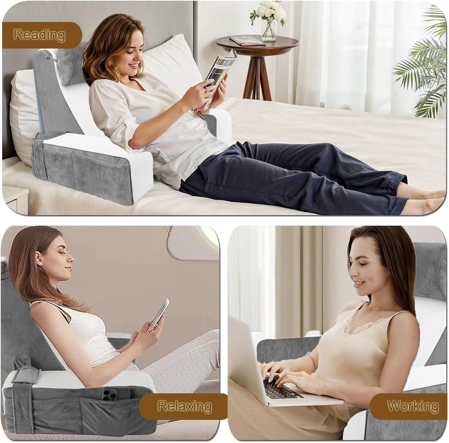 Cuscino da lettura grande per letto e divano, cuscino per la schiena per adulti con supporto per il collo e braccioli, cuscino per schienale ergonomico con tasca e fodera lavabile per riposare, leggere, guardare la TV (WH)