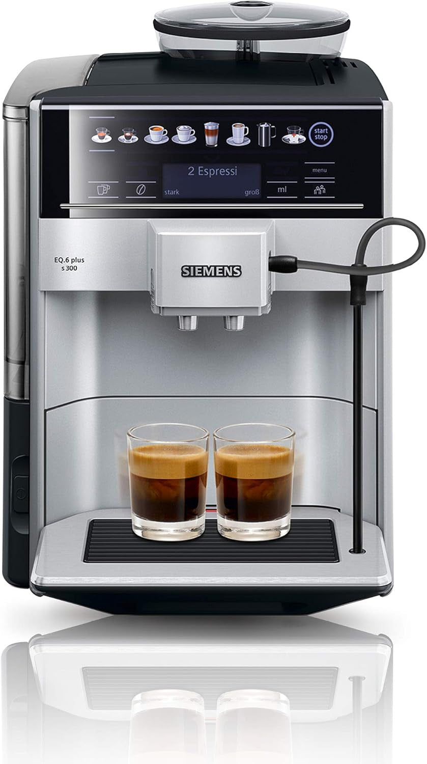 Macchina per caffè espresso automatica Siemens EQ.6 plus s300 TE653501DE, per molte specialità di caffè, montalatte, macinacaffè in ceramica, doppia funzione caffè, anticalcare, pulizia automatica a vapore, 1500 W, argento