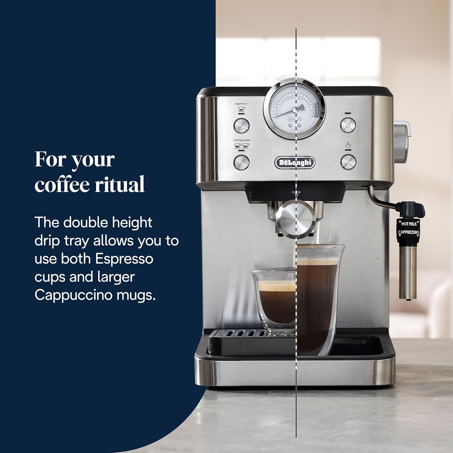 Macchina per caffè espresso portafiltro De'Longhi Classic EM450.M con montalatte professionale, corpo interamente in metallo, 15 bar, serbatoio dell'acqua da 1,7 l, acciaio inossidabile/metallo
