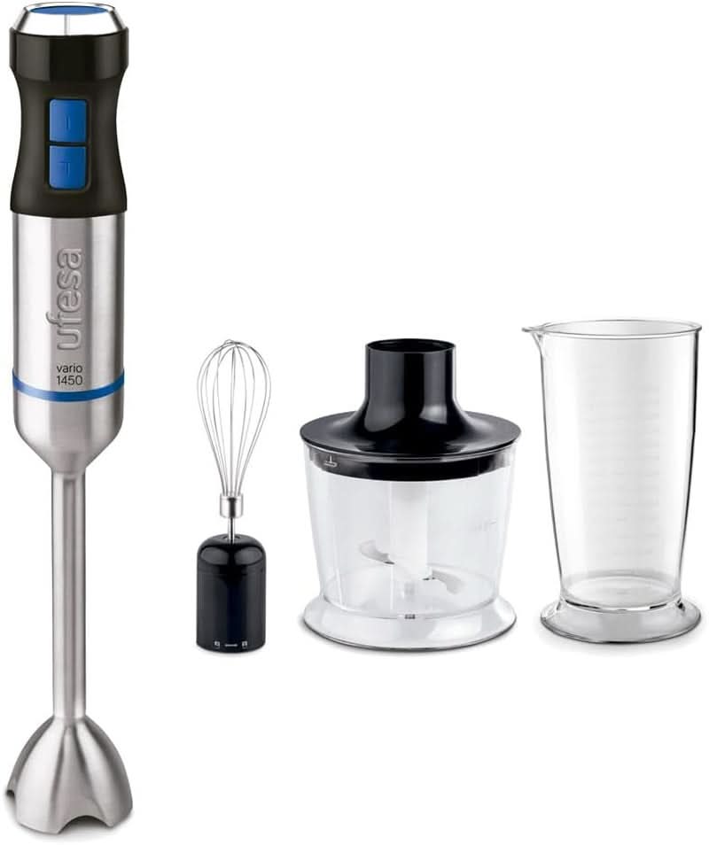 Ufesa BP4762 Vario 1450 Max Robot da cucina, Leistung 1400 W, 20 Geschwindigkeiten + Turbo, Edelstahlgehäuse und 4 Klingen, Ergonomisches und Spritzwassergeschütztes Design, Inkl. Zubehör, Naty Shop per cucine senza Bpa