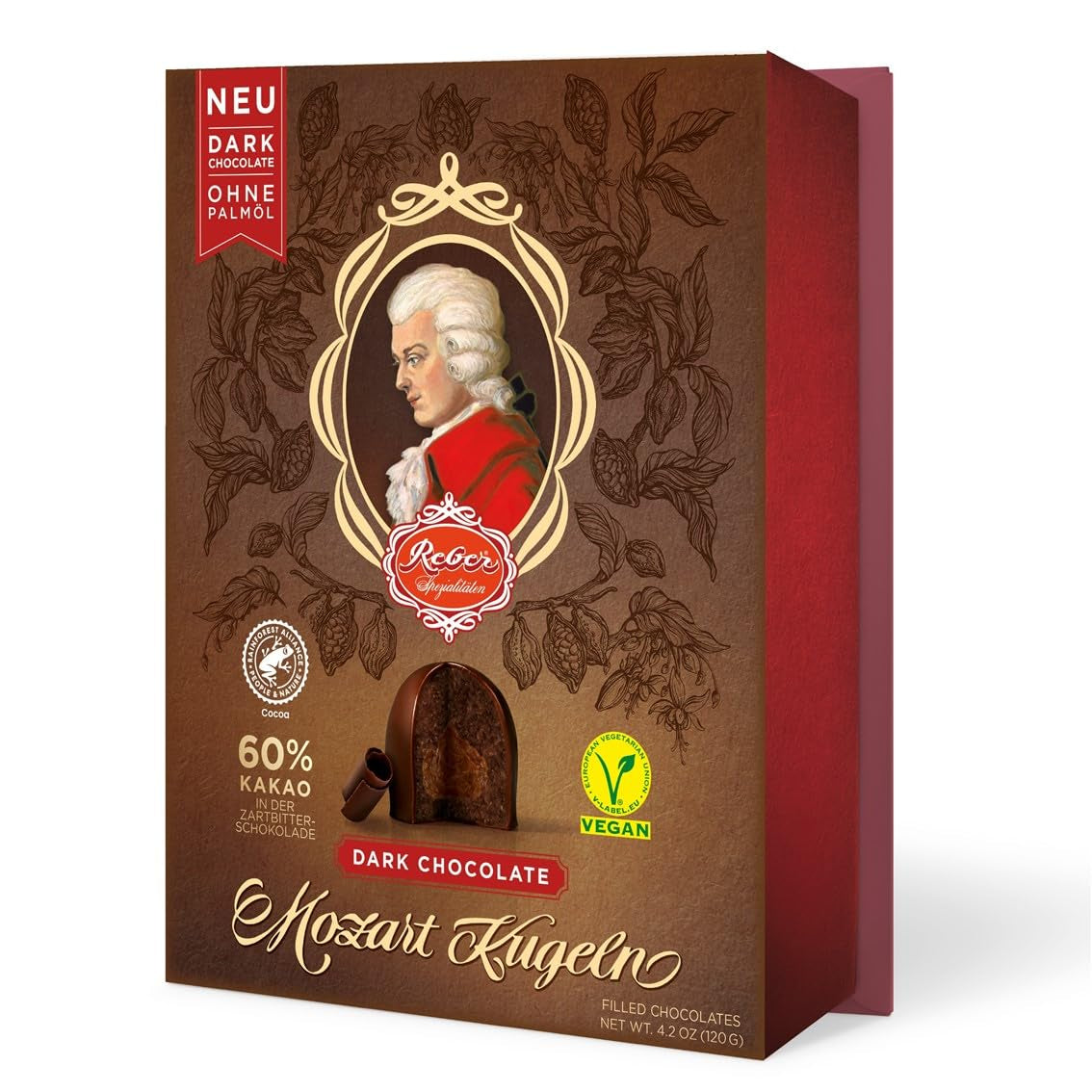 Reber Mozart palline al cioccolato fondente, confezione da 6 con marzapane e torrone, vegan - 1 x 120 g