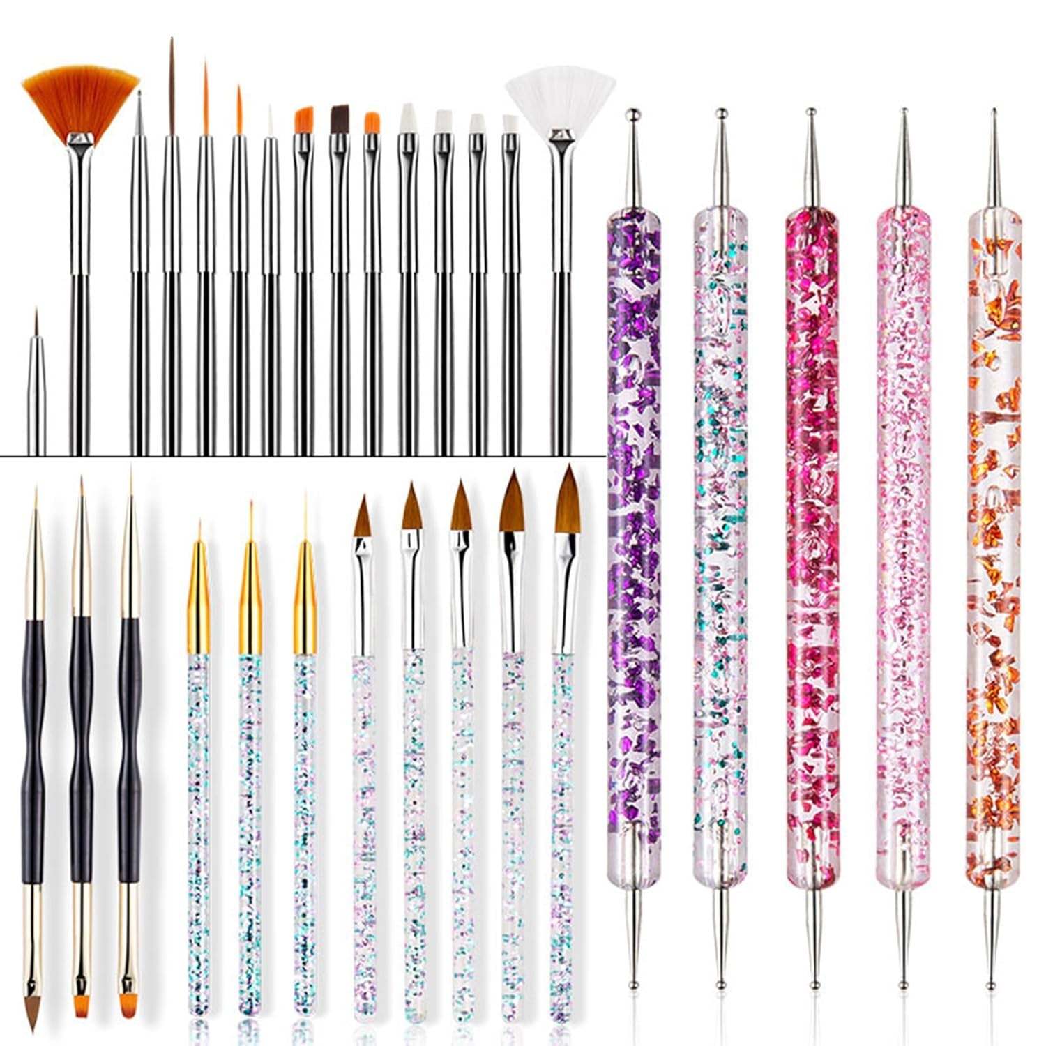 31 Stück Professionale Nagel Pinsel Set, Nagelpinsel a doppia estremità, Pinsel Für Gelnägel, Penna acrilica per nail art, Strumenti per punteggiare nail art, Pennello per unghie per il design del salone di pittura fai da te