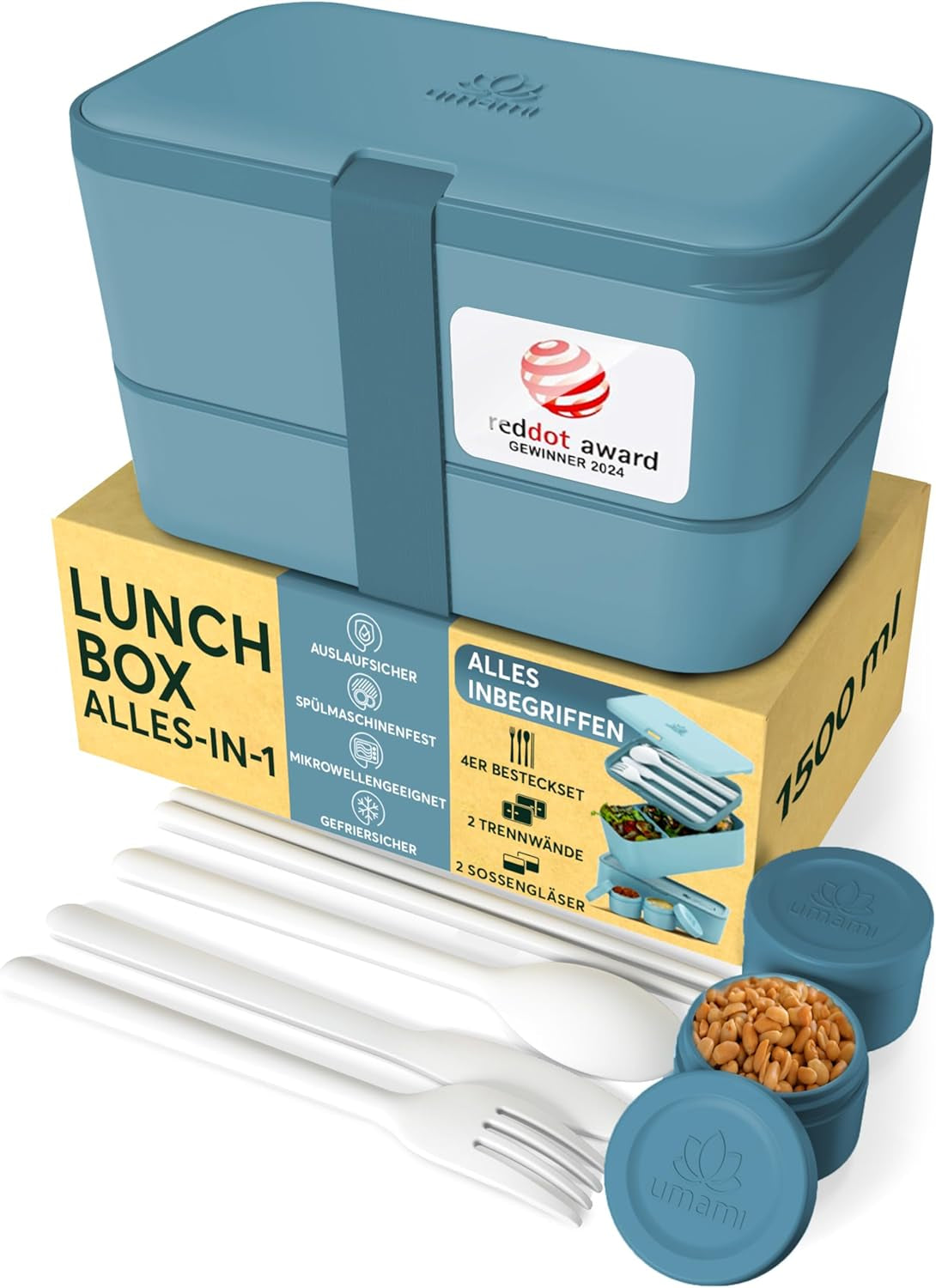 Portapranzo Umami per adulti, Bento Box impilabile a tenuta stagna con 4 posate e scomparti, Portapranzo per adulti, Contenitore per insalata da asporto, Portapranzo da picnic/ufficio, Grigio antracite, 1500 ml
