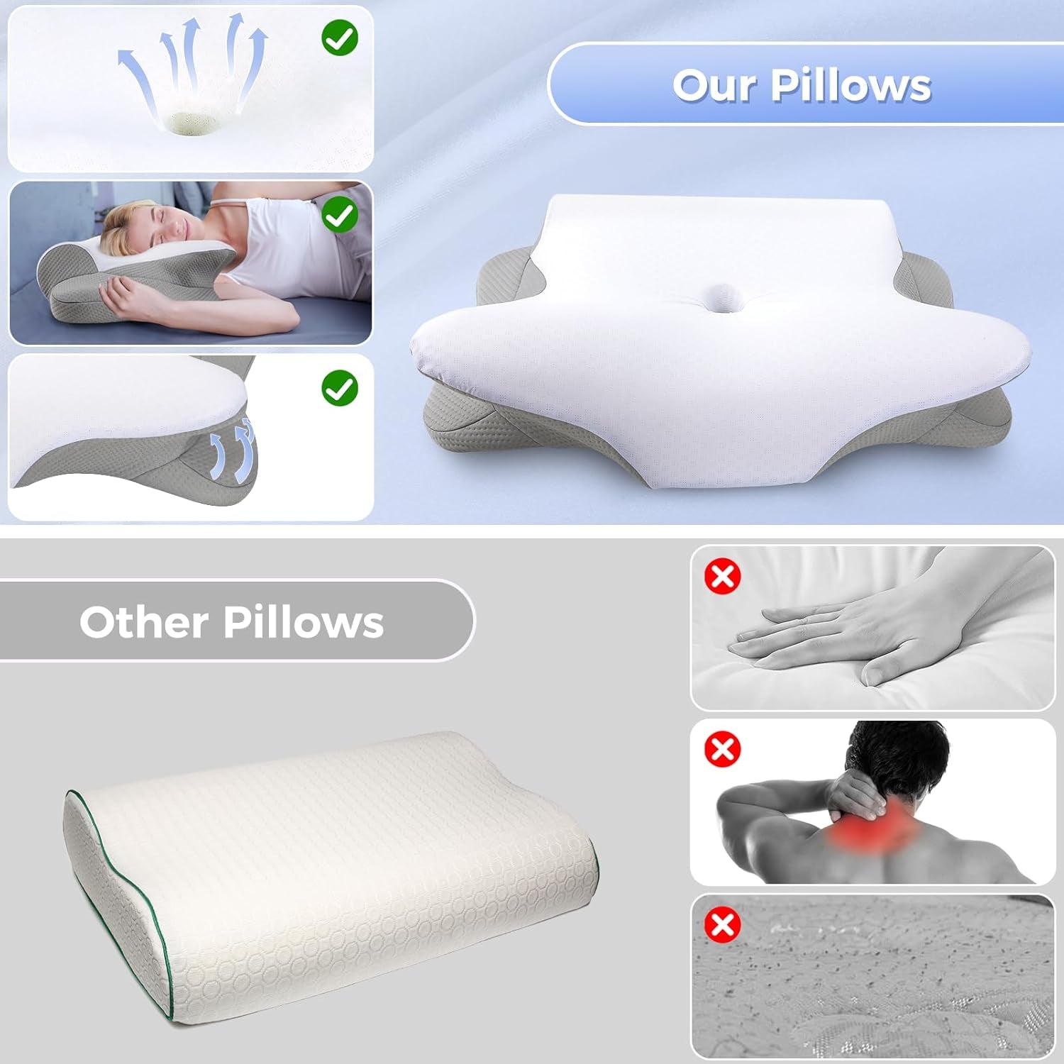 SAHEYER Cuscino per il collo 2 in 1 Cuscino ergonomico per il supporto del collo e cuscino per il collo Cuscino ortopedico per chi dorme sul fianco Cuscino in memory foam per chi dorme sul fianco Schiena e stomaco Cuscini cervicali ortopedici Naty Shop