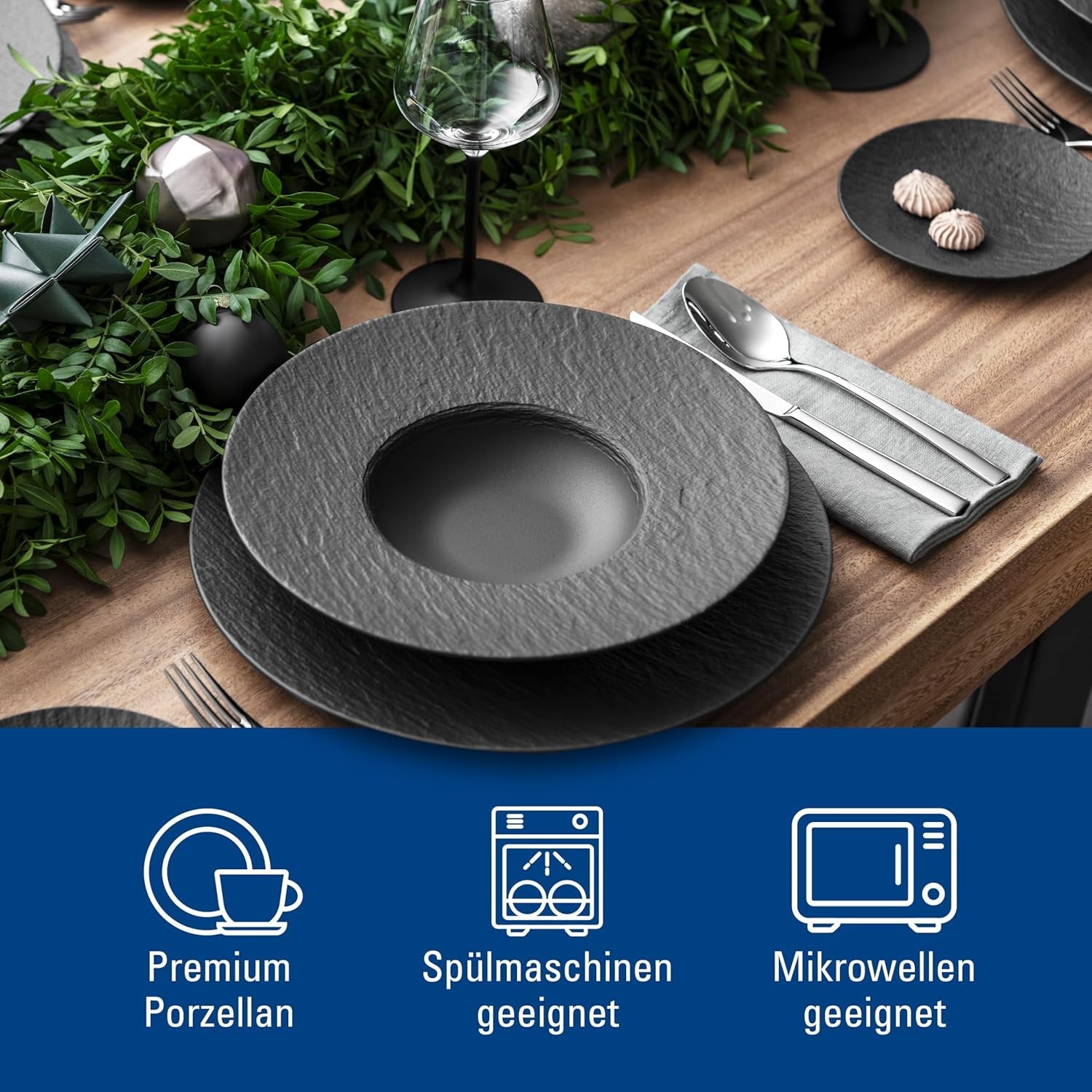 Villeroy & Boch - Manufacture Rock Servizio Piatti, 6 Pezzi, Servizio Piatti per 2, Porcellana Premium, Nero
