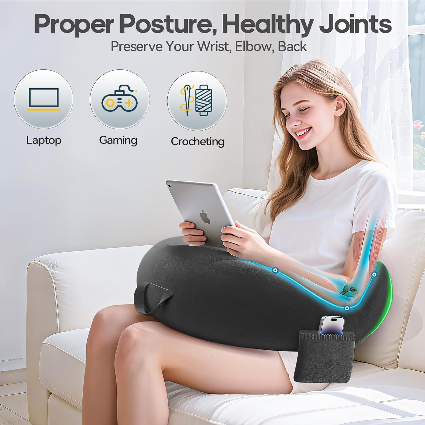Cuscino da gioco e lettura, Cuscino da lettura per letto/divano/pavimento, Cuscino per alimentazione/Uncinetto con grande cuscino da gioco ergonomico, Cuscino da gioco per iPad/laptop - Nero