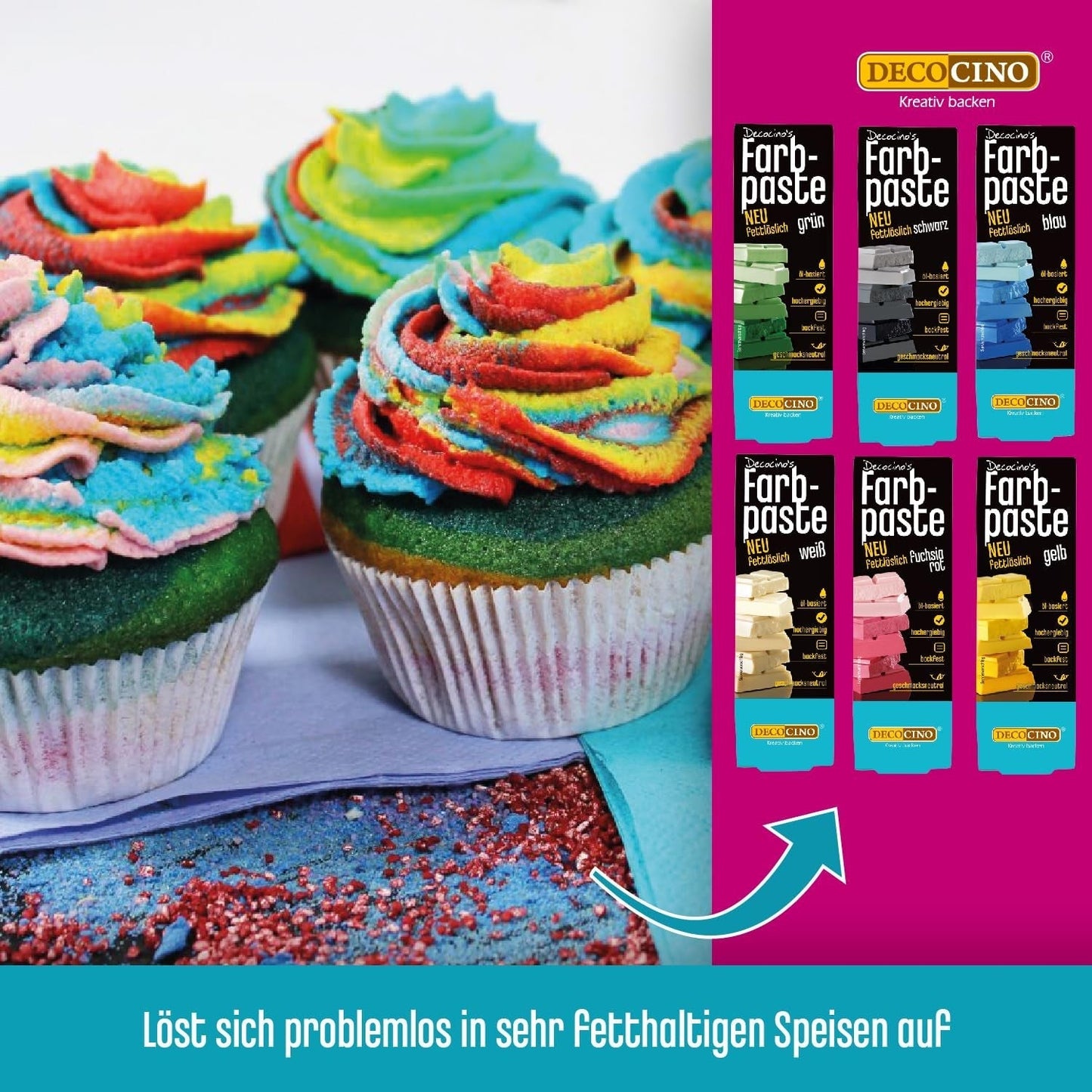 Decocino Pasta colorante liposolubile Set da 6 - 6 x 15 g - Coloranti alimentari in rosso, bianco, verde, giallo, blu e nero, ideali per colorare torte, fondente e creme - Senza azo e glutine