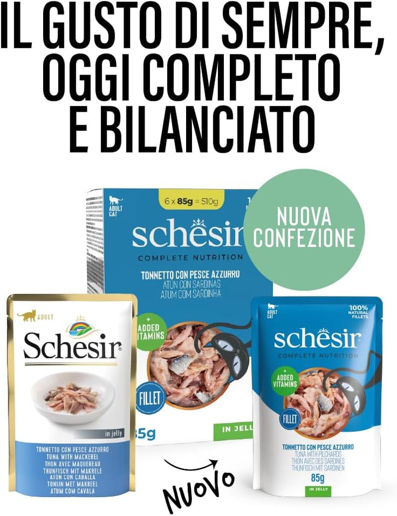 , Tonno con pesce azzurro in gelatina, alimento umido completo per gatti, in busta, con aggiunta di vitamine, 100% naturale, 6 x 85 g