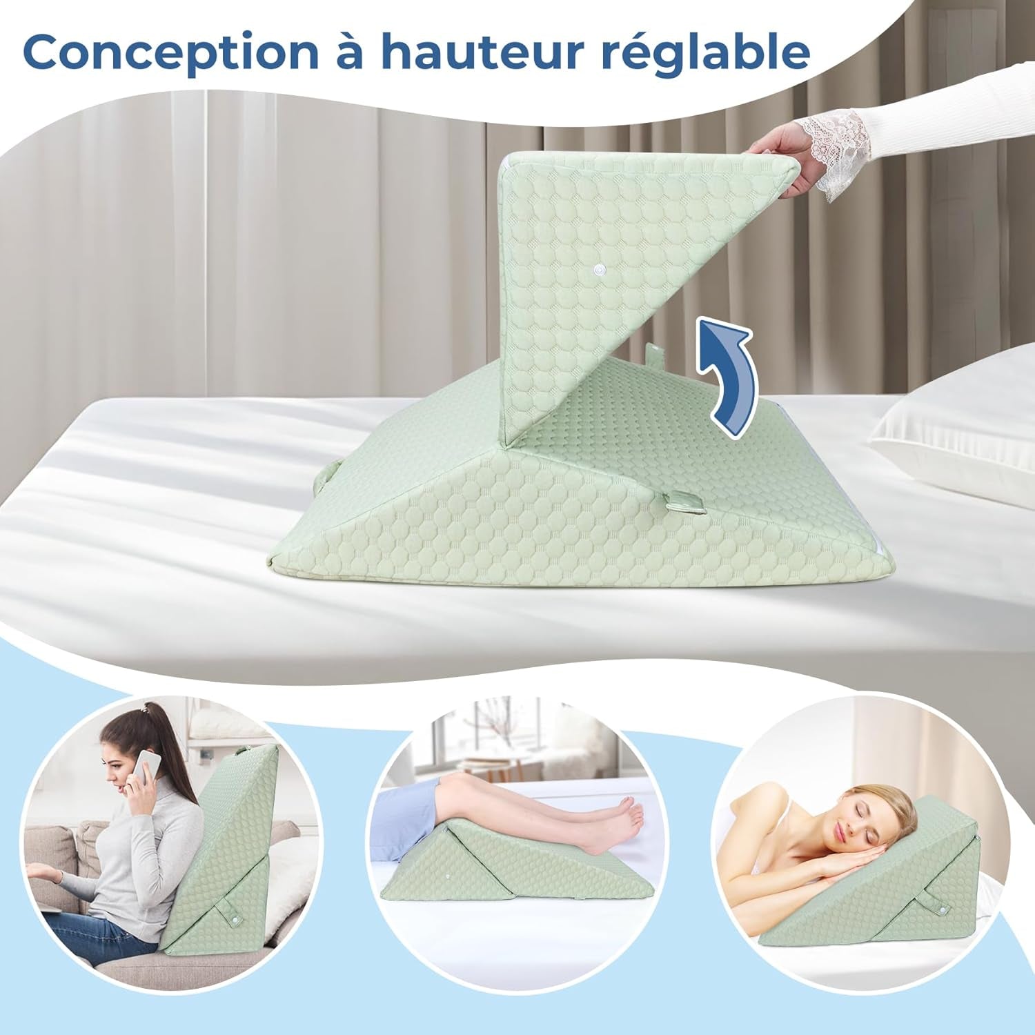 INFANZIA Cuscino a cuneo per letto, Cuscino angolare, Cuscino triangolare, Pieghevole, Memory Foam, Apnea notturna, Reflusso acido, Elevazione delle gambe, Lettura, Verde