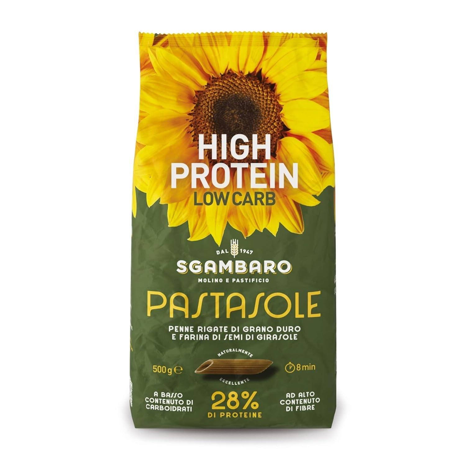 PASTASOLE , Penne Rigate con Hartweizengrieß aus 100% italienischem Anbau und Sonnenblumenkernmehl - 500g - High Protein, Low Carb, Hoher Ballaststoffgehalt