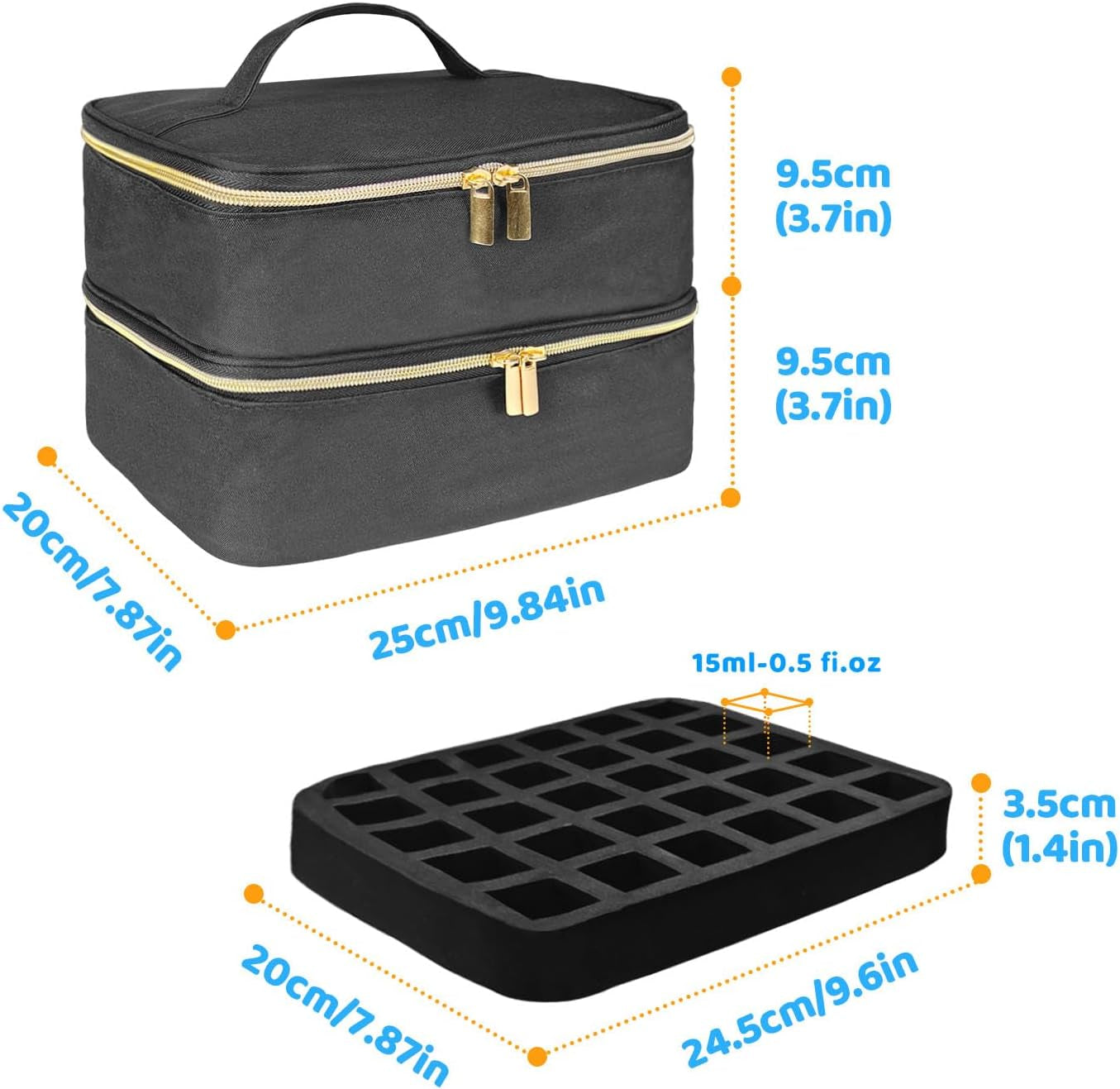Tasche organizer per smalto per unghie, scatola portaoggetti per smalto per unghie doppia, borsa organizer per cosmetici per design cosmetico per 30 bottiglie di base Neonail (15 ml-0,5 fl.oz) e 1 lampada per unghie (nero)