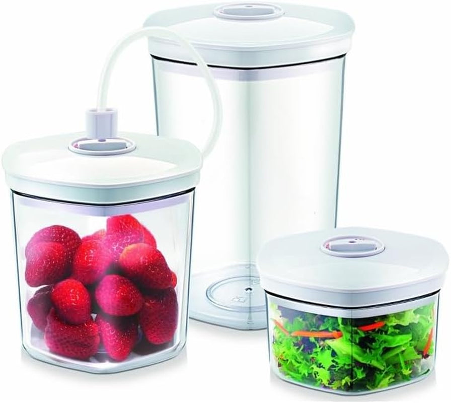 Set di contenitori sottovuoto CASO, contenitori infrangibili e lavabili in lavastoviglie, 3 contenitori sottovuoto per alimenti e liquidi sensibili alla pressione, adatti a tutte le macchine per sottovuoto CASO con collegamento per tubo, scatole impilabili per conservazione alimenti Naty Shop Single