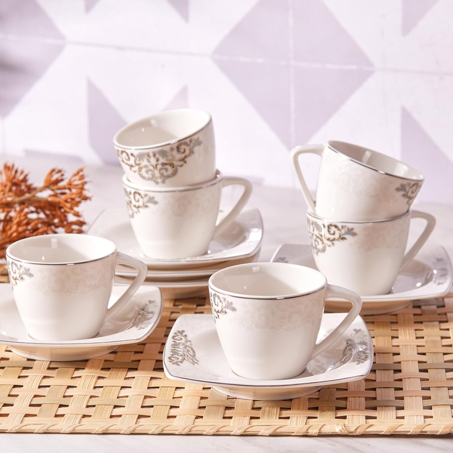 KARACA Set di tazze da caffè in porcellana Nazende - Tazze da caffè turche con piattini da 80 ml, Servizio da caffè moderno da 12 pezzi con 6 tazze da caffè e 6 piattini, Tazze da moka - Bianco