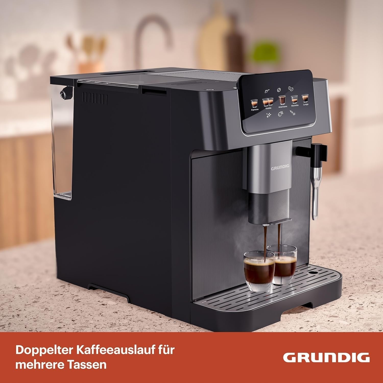 Macchina per caffè espresso completamente automatica GRUNDIG KVA 6230 con montalatte, macinacaffè in acciaio inossidabile con 13 impostazioni di macinatura, contenitore per chicchi da 250 g, serbatoio dell'acqua rimovibile da 2 litri, pressione della pompa 19 bar, display touch, nero