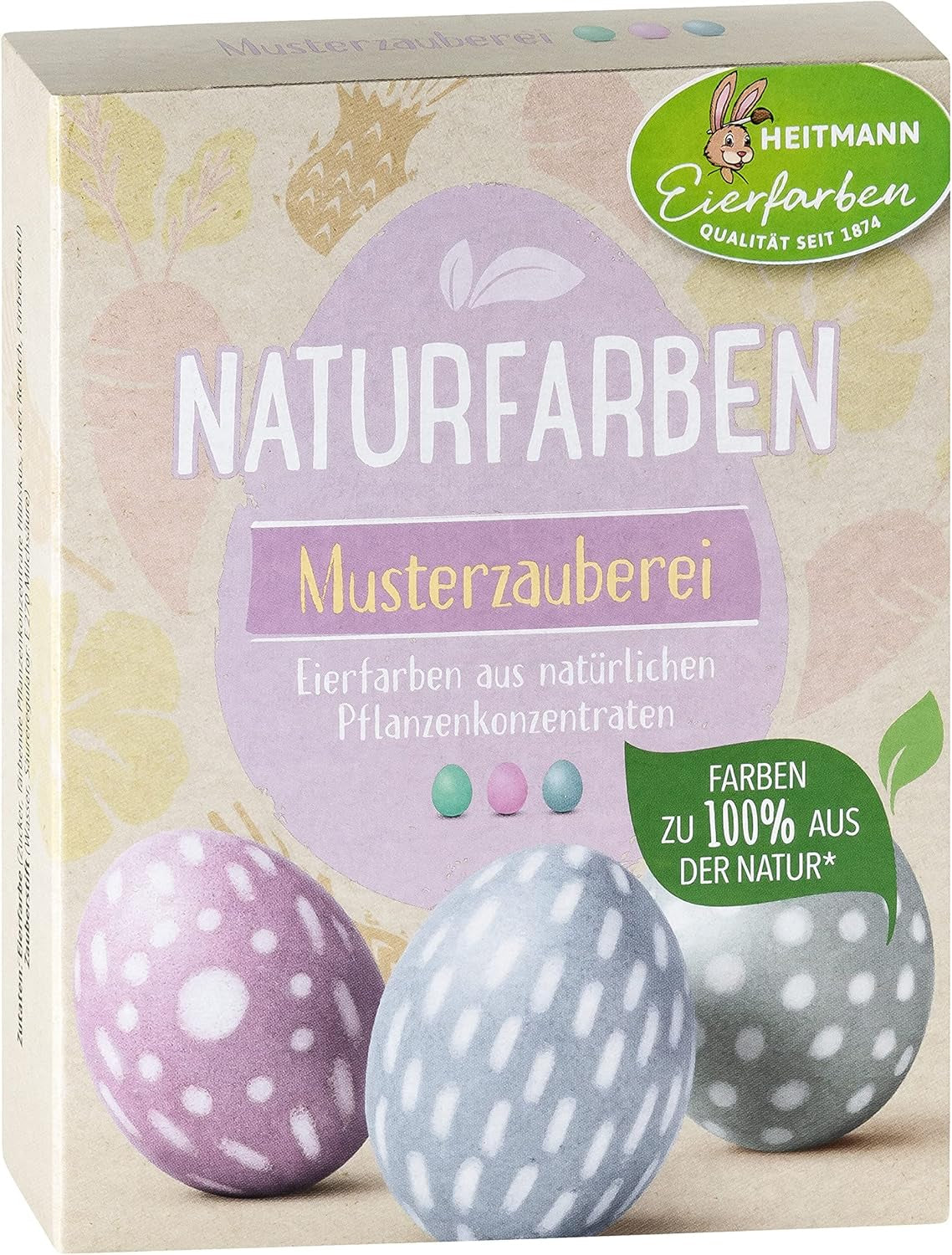 Set di coloranti naturali Heitmann Egg Dye, 3 polveri coloranti all'uovo (giallo, viola, grigio-blu), foglio di adesivi in ​​carta erba