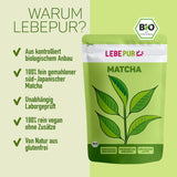 Lebepur BIO Matcha in polvere 100G - Qualità Premium dal Giappone senza additivi - Polvere di tè verde pura al 100% per Matcha Latte, Tè Matcha, Tè verde, Frullati - Tè verde giapponese