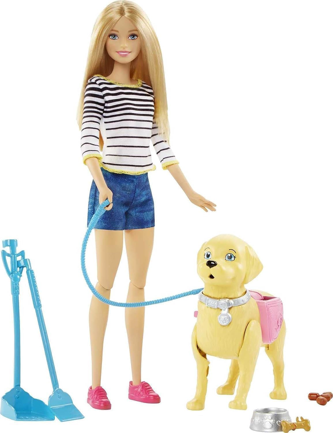 Barbie bambola con vasino e passeggio, bambola bionda con cane che cammina, cucchiaio per la cacca, accessori tra cui cane bambola, regalo per bambini, giocattolo da 3 anni in su, DWJ68