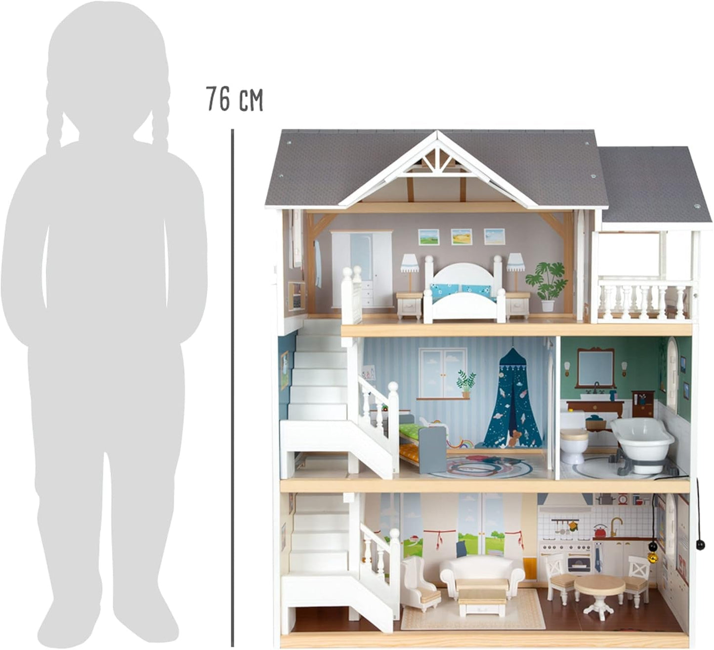 Small Foot Casa delle bambole in legno a 3 piani con apertura frontale e 12 mobili per bambini dai 3 anni in su 11802 Bianco Grigio