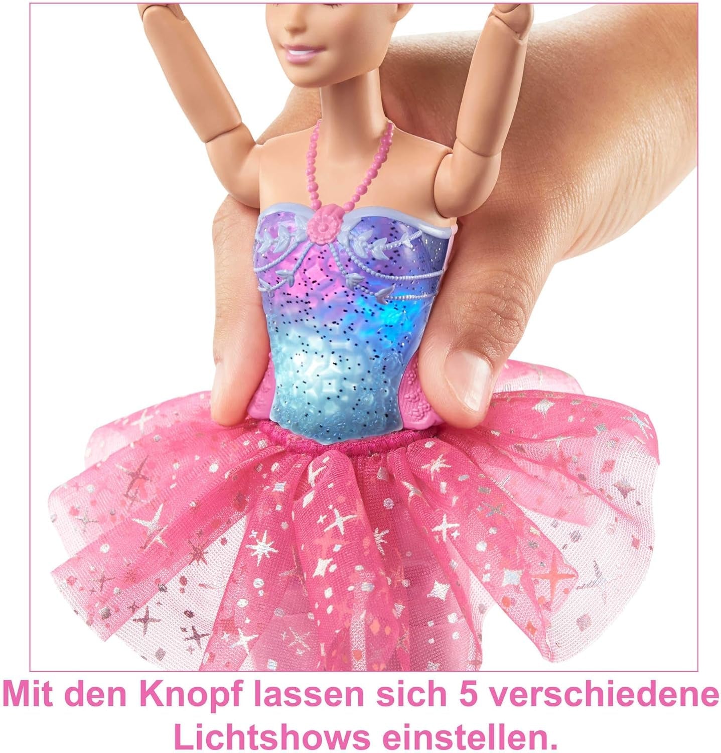 Barbie Dreamtopia Ballerina magica con luci, tutù rosa e capelli biondi, 5 effetti luminosi e sonori, Barbie posizionabile, dai 3 anni in su, HLC25