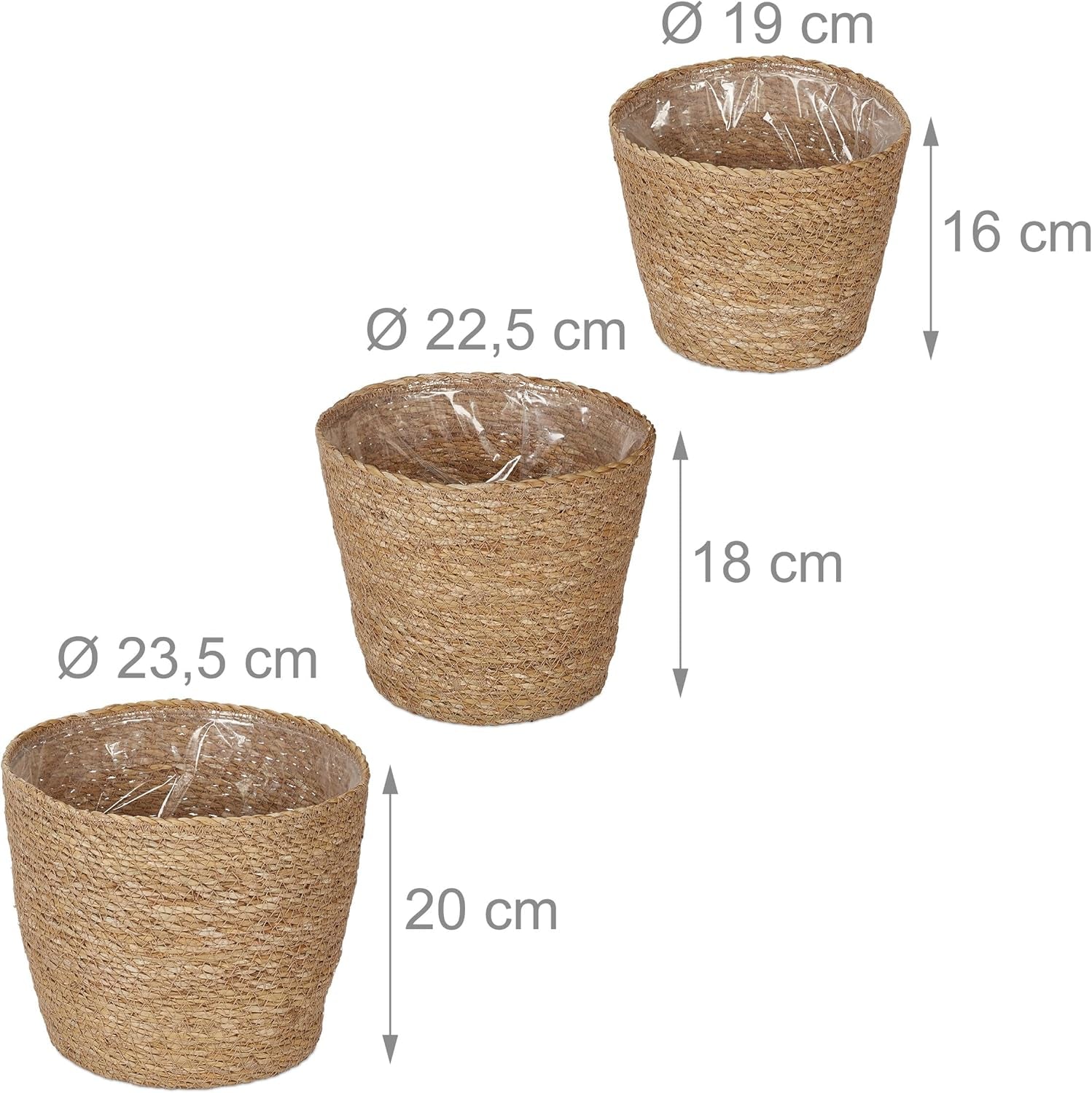 Relaxdays Set di 3 vasi da fiori in alga marina, cesto rotondo per fiori ed erbe aromatiche con fioriera in pellicola, 3 misure, colore naturale