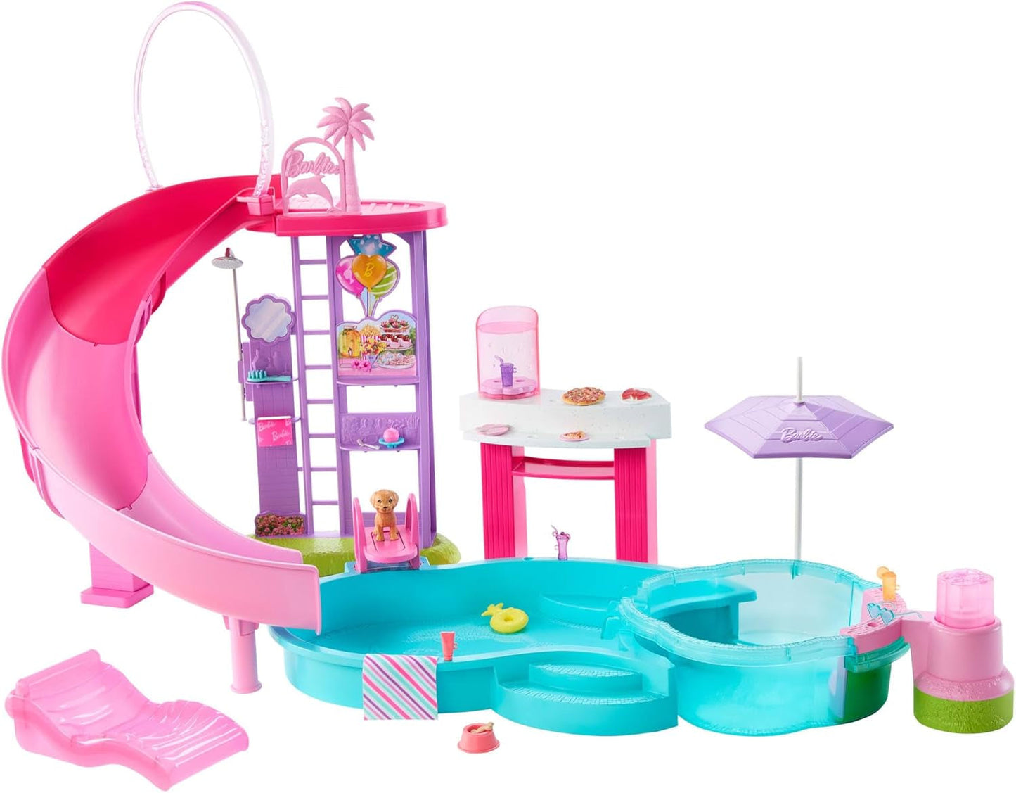 Barbie Dream Pool Playset con sei aree di gioco tra cui uno scivolo e una vasca idromassaggio, oltre a oltre 20 accessori come un animale domestico, salvagente e altro, JKG83