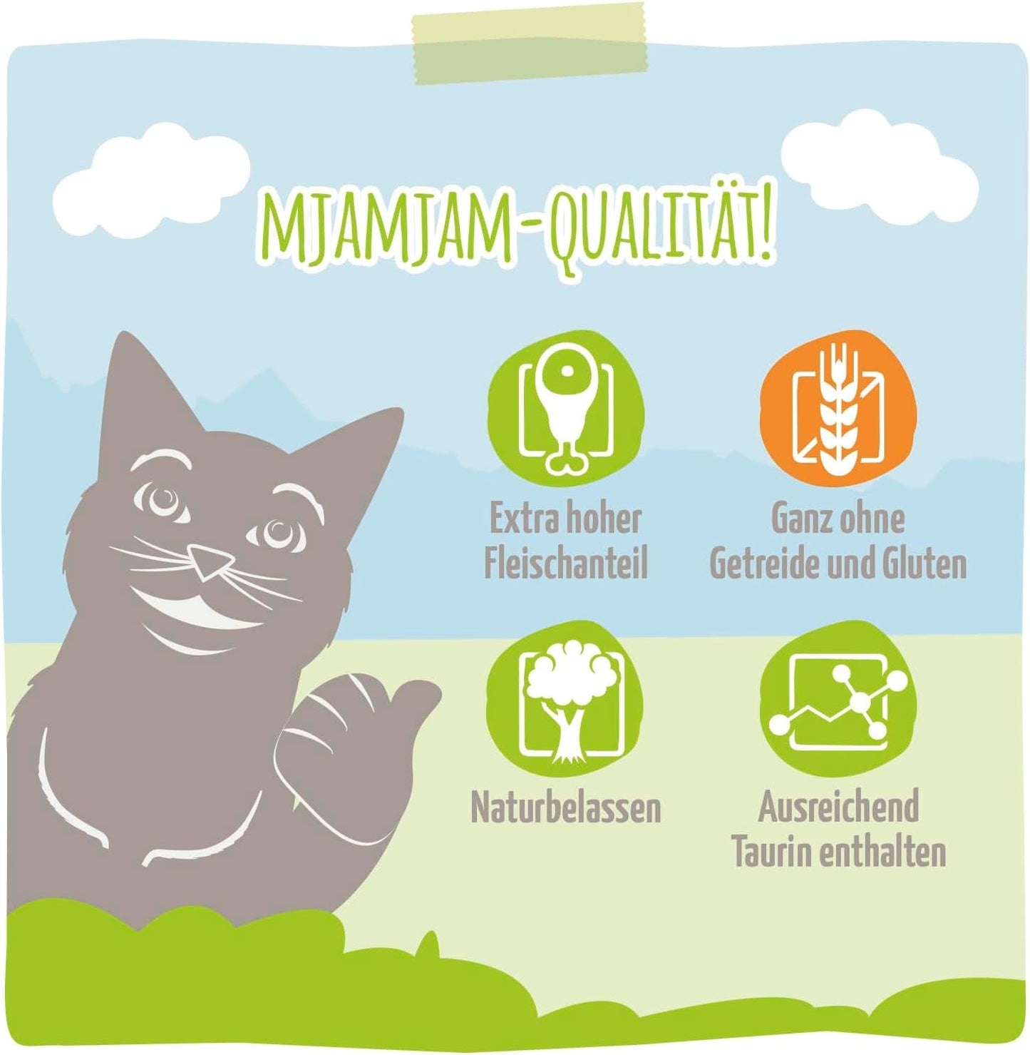 MjAMjAM - Cibo umido premium per gatti - Confezione deliziosa da 12 (12 x 200 g) senza cereali con carne extra