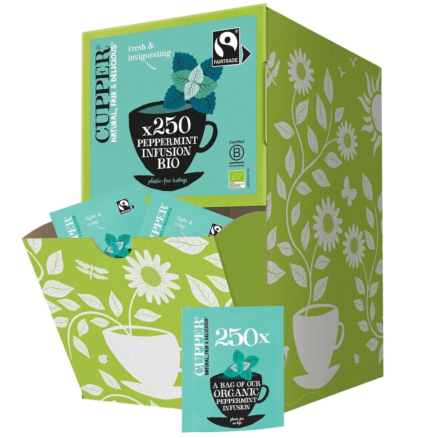 Cupper Tè alla frutta biologico Mirtillo rosso Lampone | Tè al lampone | 250 bustine di tè non sbiancate | Grande pacco | Perfetto per l'ufficio | Ecologico | Commercio equo e solidale