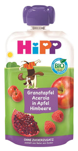 Bustine HiPP Organic Fruit Plus con melograno e acerola in una miscela di mela e lampone - Ben Beagle (8 x 100 g), da 1 anno, 100% purea di frutta, senza zuccheri aggiunti, vegano, migliore qualità biologica